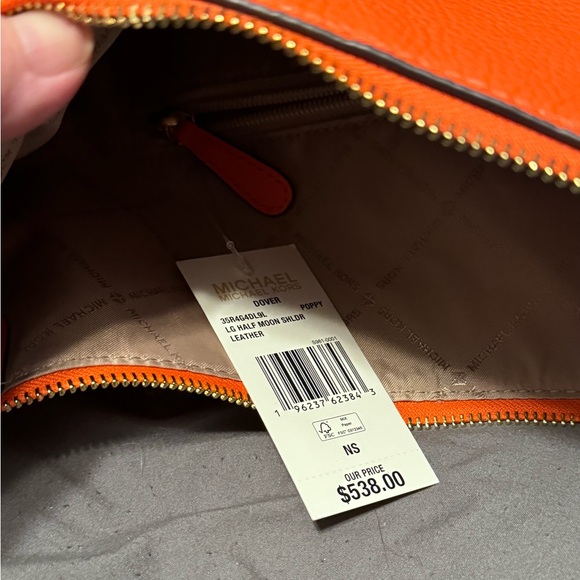 MICHAEL KORS DOVER LG HALF-MOON HOBO PEBBLED LEATHER SHOULDER BAG POPPY - Picture 3 of 3